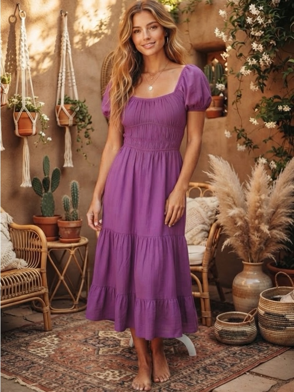 Sim & Sam Midi Linen Blend Milkmaid Peasant Midi Dress - Size Medium